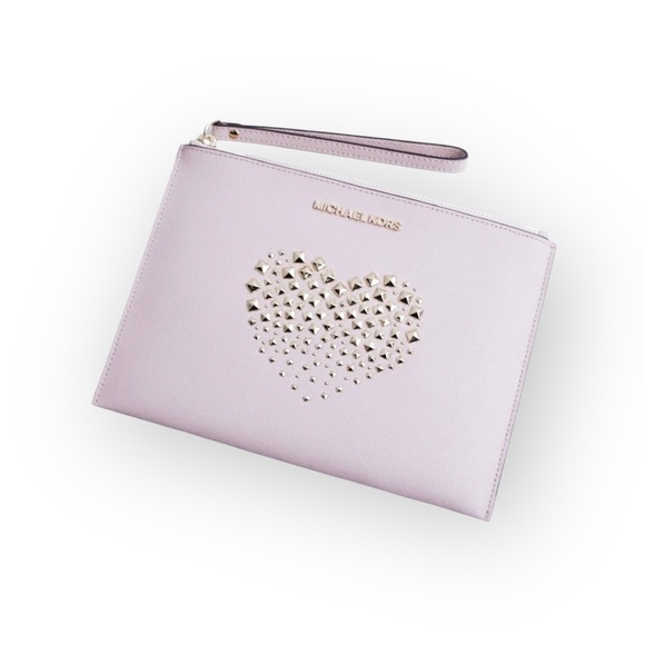 Michael Kors ❤︎︎ Adele Jet Set XL Zip Clutch ❤︎︎ Ballet Pink ❤︎︎ Gold Heart Stud - Picture 14 of 16